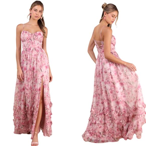 Lulus Novella Pink Floral Ruffled Bustier Lace-Up Maxi Dress size Medium NWT - Picture 1 of 7